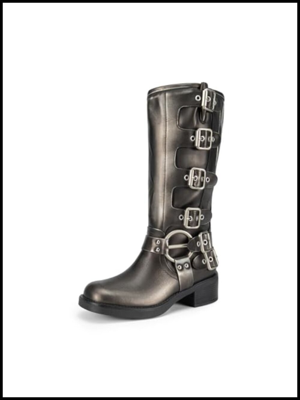 Women's Knee High Moto Boots Square Toe Block Heel Faux Leather
